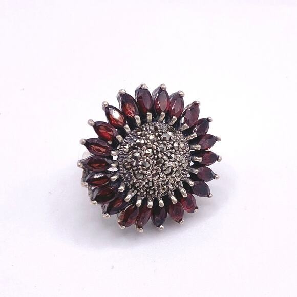 Sterling Silver SunFlower With Garnets and Marcasite 7.5” - Picture 4 of 8